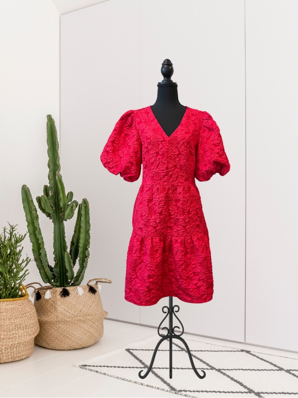 Sugarlips Russa May Short Puff Sleeve Floral Jacquard Tiered Dress
